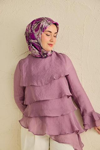 Twill İpek Eşarp Floral Art Desen Gümüş 90x90 - Twill İpek Eşarp - | Silk Home