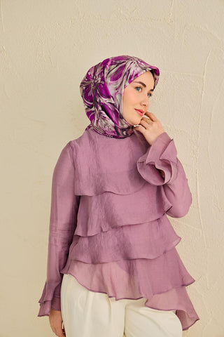 Twill İpek Eşarp Floral Art Desen Gümüş 90x90 - Twill İpek Eşarp - | Silk Home