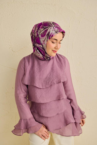 Twill İpek Eşarp Floral Art Desen Gümüş 90x90 - Twill İpek Eşarp - | Silk Home