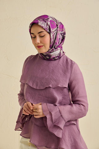 Twill İpek Eşarp Floral Art Desen Gümüş 90x90 - Twill İpek Eşarp - | Silk Home
