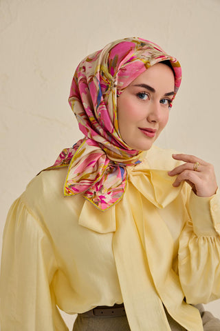 Twill İpek Eşarp Floral Art Desen Krem 90x90 - Twill İpek Eşarp - | Silk Home