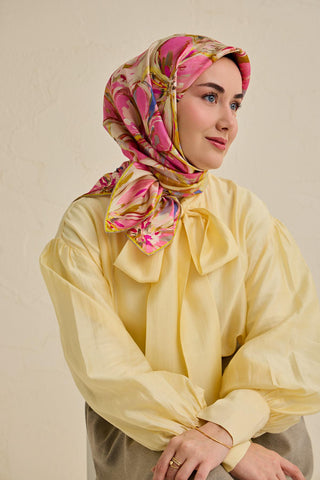 Twill İpek Eşarp Floral Art Desen Krem 90x90 - Twill İpek Eşarp - | Silk Home