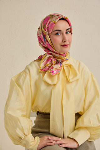 Twill İpek Eşarp Floral Art Desen Krem 90x90 - Twill İpek Eşarp - | Silk Home