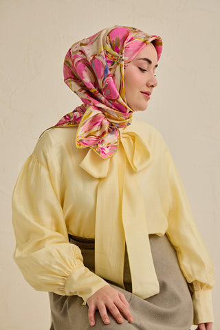 Twill İpek Eşarp Floral Art Desen Krem 90x90 - Twill İpek Eşarp - | Silk Home