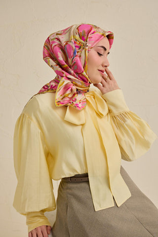 Twill İpek Eşarp Floral Art Desen Krem 90x90 - Twill İpek Eşarp - | Silk Home