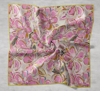 Twill İpek Eşarp Floral Art Desen Krem 90x90 - Twill İpek Eşarp - | Silk Home