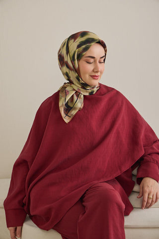 Twill İpek Eşarp Soyut Çiçek Desen Pastel Sarı 90x90 - Twill İpek Eşarp - | Silk Home
