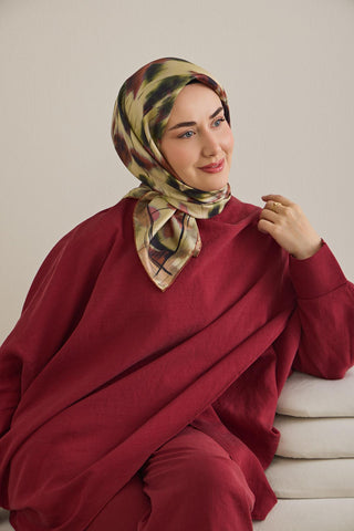 Twill İpek Eşarp Soyut Çiçek Desen Pastel Sarı 90x90 - Twill İpek Eşarp - | Silk Home