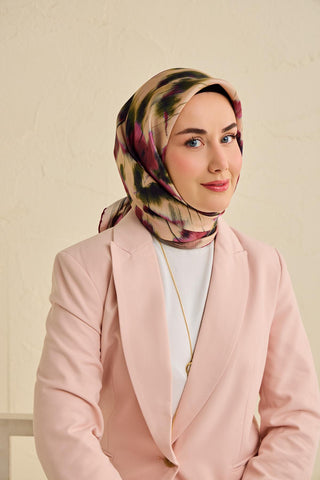 Twill İpek Eşarp Soyut Çiçek Desen Somon 90x90 - Twill İpek Eşarp - | Silk Home