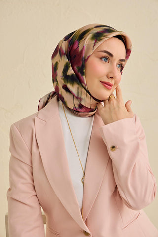 Twill İpek Eşarp Soyut Çiçek Desen Somon 90x90 - Twill İpek Eşarp - | Silk Home