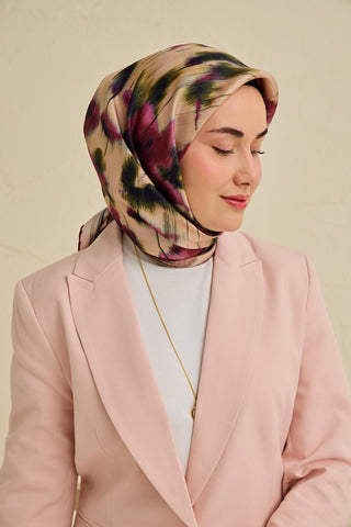 Twill İpek Eşarp Soyut Çiçek Desen Somon 90x90 - Twill İpek Eşarp - | Silk Home