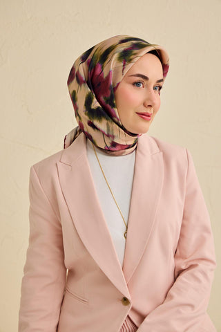 Twill İpek Eşarp Soyut Çiçek Desen Somon 90x90 - Twill İpek Eşarp - | Silk Home