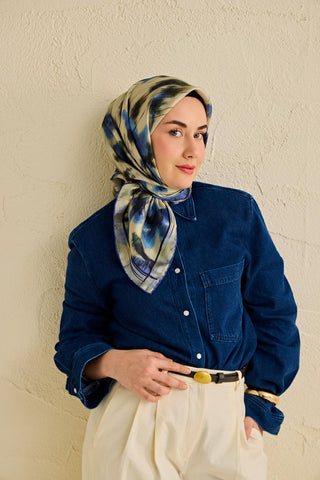 Twill İpek Eşarp Soyut Çiçek Desen Su Yeşili 90x90 - Twill İpek Eşarp - | Silk Home