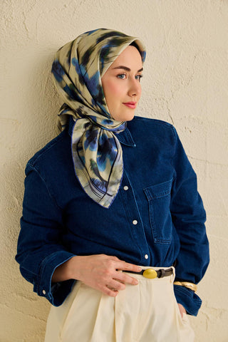 Twill İpek Eşarp Soyut Çiçek Desen Su Yeşili 90x90 - Twill İpek Eşarp - | Silk Home