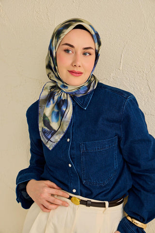 Twill İpek Eşarp Soyut Çiçek Desen Su Yeşili 90x90 - Twill İpek Eşarp - | Silk Home