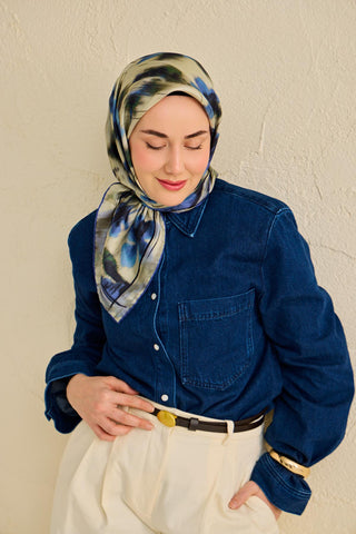 Twill İpek Eşarp Soyut Çiçek Desen Su Yeşili 90x90 - Twill İpek Eşarp - | Silk Home