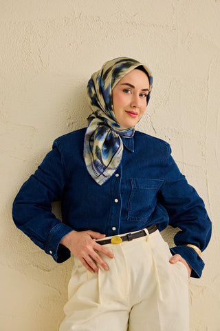 Twill İpek Eşarp Soyut Çiçek Desen Su Yeşili 90x90 - Twill İpek Eşarp - | Silk Home