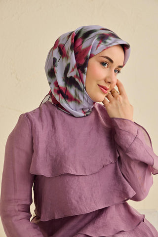 Twill İpek Eşarp Soyut Çiçek Desen Soluk Lila 90x90 - Twill İpek Eşarp - | Silk Home