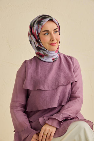 Twill İpek Eşarp Soyut Çiçek Desen Soluk Lila 90x90 - Twill İpek Eşarp - | Silk Home