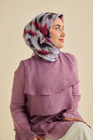 Twill İpek Eşarp Soyut Çiçek Desen Soluk Lila 90x90 - Twill İpek Eşarp - | Silk Home