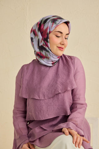 Twill İpek Eşarp Soyut Çiçek Desen Soluk Lila 90x90 - Twill İpek Eşarp - | Silk Home