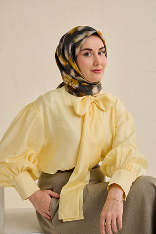 Twill İpek Eşarp Soyut Çiçek Desen Antrasit 90x90 - Twill İpek Eşarp - | Silk Home