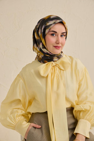 Twill İpek Eşarp Soyut Çiçek Desen Antrasit 90x90 - Twill İpek Eşarp - | Silk Home