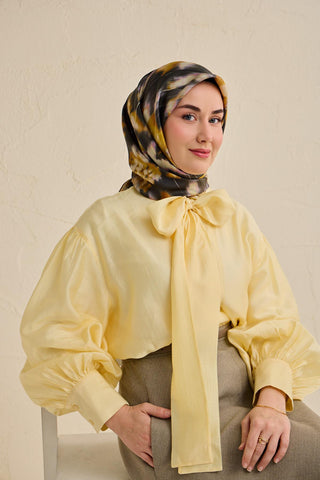 Twill İpek Eşarp Soyut Çiçek Desen Antrasit 90x90 - Twill İpek Eşarp - | Silk Home