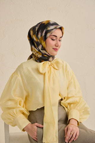 Twill İpek Eşarp Soyut Çiçek Desen Antrasit 90x90 - Twill İpek Eşarp - | Silk Home