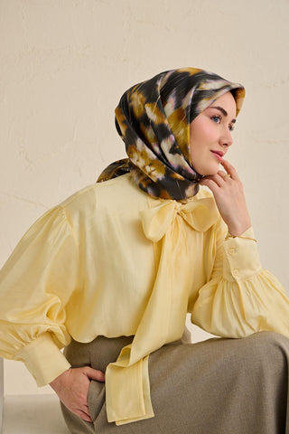Twill İpek Eşarp Soyut Çiçek Desen Antrasit 90x90 - Twill İpek Eşarp - | Silk Home