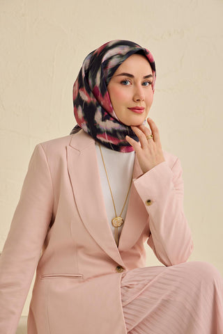 Twill İpek Eşarp Soyut Çiçek Desen Siyah 90x90 - Twill İpek Eşarp - | Silk Home
