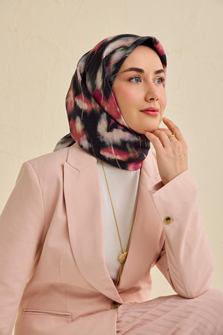 Twill İpek Eşarp Soyut Çiçek Desen Siyah 90x90 - Twill İpek Eşarp - | Silk Home