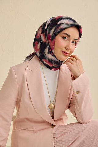 Twill İpek Eşarp Soyut Çiçek Desen Siyah 90x90 - Twill İpek Eşarp - | Silk Home