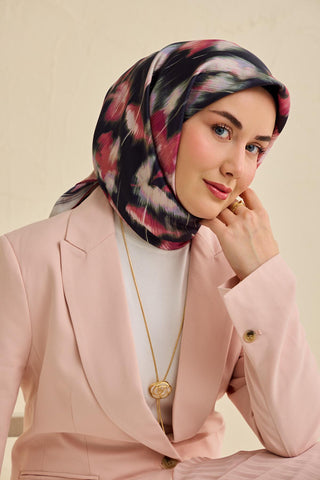 Twill İpek Eşarp Soyut Çiçek Desen Siyah 90x90 - Twill İpek Eşarp - | Silk Home