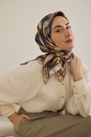 Twill İpek Eşarp Soyut Çiçek Desen Koyu Mor 90x90 - Twill İpek Eşarp - | Silk Home