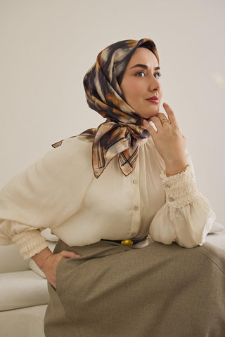 Twill İpek Eşarp Soyut Çiçek Desen Koyu Mor 90x90 - Twill İpek Eşarp - | Silk Home
