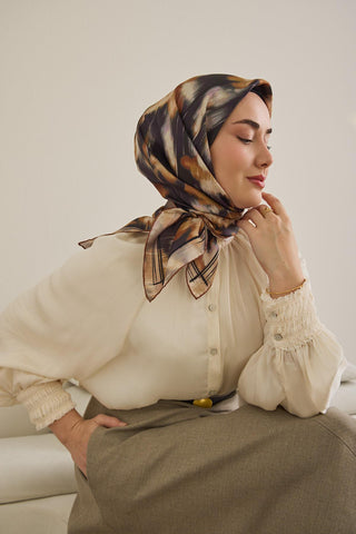 Twill İpek Eşarp Soyut Çiçek Desen Koyu Mor 90x90 - Twill İpek Eşarp - | Silk Home