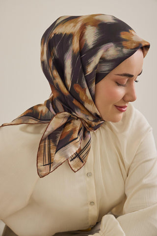 Twill İpek Eşarp Soyut Çiçek Desen Koyu Mor 90x90 - Twill İpek Eşarp - | Silk Home