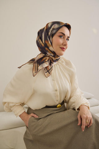 Twill İpek Eşarp Soyut Çiçek Desen Koyu Mor 90x90 - Twill İpek Eşarp - | Silk Home