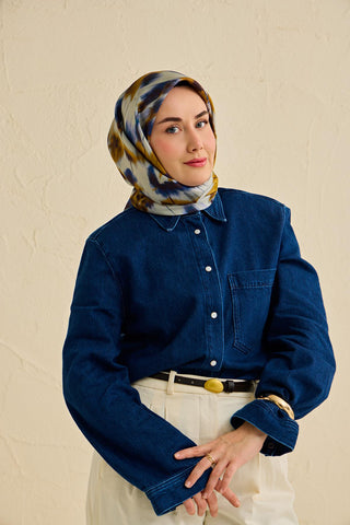 Twill İpek Eşarp Soyut Çiçek Desen Gece Mavisi 90x90 - Twill İpek Eşarp - | Silk Home