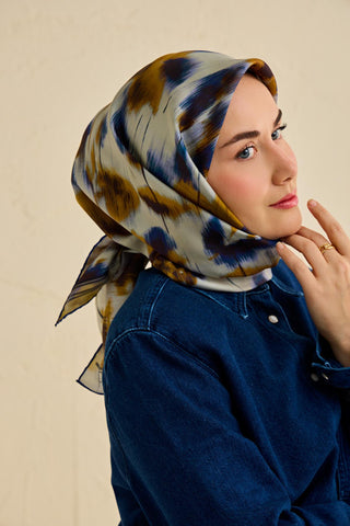 Twill İpek Eşarp Soyut Çiçek Desen Gece Mavisi 90x90 - Twill İpek Eşarp - | Silk Home
