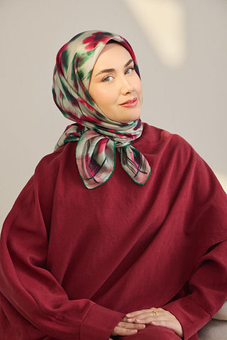 Twill İpek Eşarp Soyut Çiçek Desen Fuşya 90x90 - Twill İpek Eşarp - | Silk Home