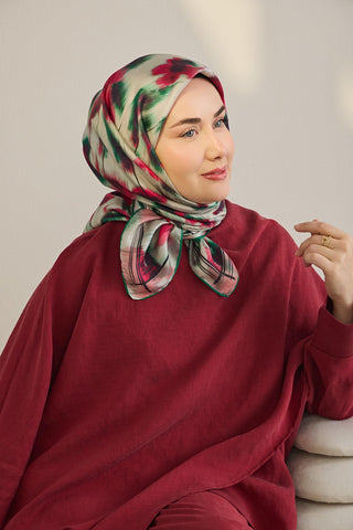 Twill İpek Eşarp Soyut Çiçek Desen Fuşya 90x90 - Twill İpek Eşarp - | Silk Home