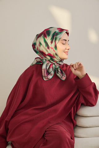 Twill İpek Eşarp Soyut Çiçek Desen Fuşya 90x90 - Twill İpek Eşarp - | Silk Home