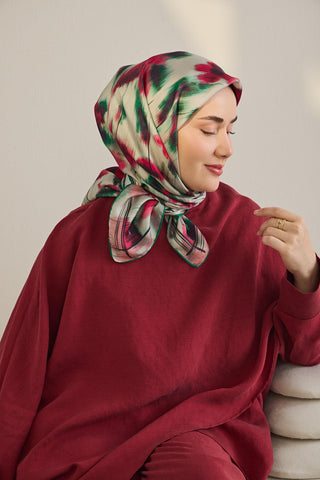Twill İpek Eşarp Soyut Çiçek Desen Fuşya 90x90 - Twill İpek Eşarp - | Silk Home