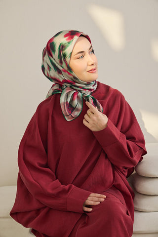Twill İpek Eşarp Soyut Çiçek Desen Fuşya 90x90 - Twill İpek Eşarp - | Silk Home