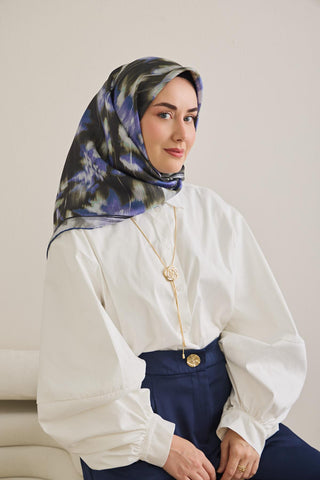 Twill İpek Eşarp Soyut Çiçek Desen Siyah 90x90 - Twill İpek Eşarp - | Silk Home