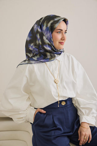 Twill İpek Eşarp Soyut Çiçek Desen Siyah 90x90 - Twill İpek Eşarp - | Silk Home