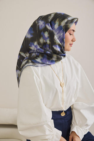 Twill İpek Eşarp Soyut Çiçek Desen Siyah 90x90 - Twill İpek Eşarp - | Silk Home