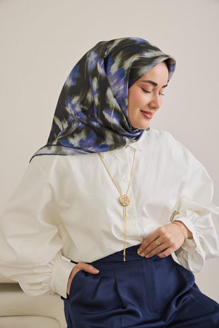 Twill İpek Eşarp Soyut Çiçek Desen Siyah 90x90 - Twill İpek Eşarp - | Silk Home